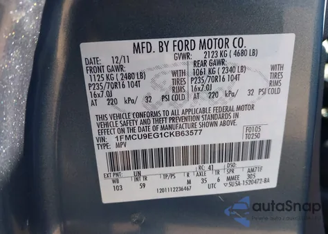 2012 Ford Escape Limited z USA, uszkodzony, nr VIN 1FMCU9EG1CKB63577